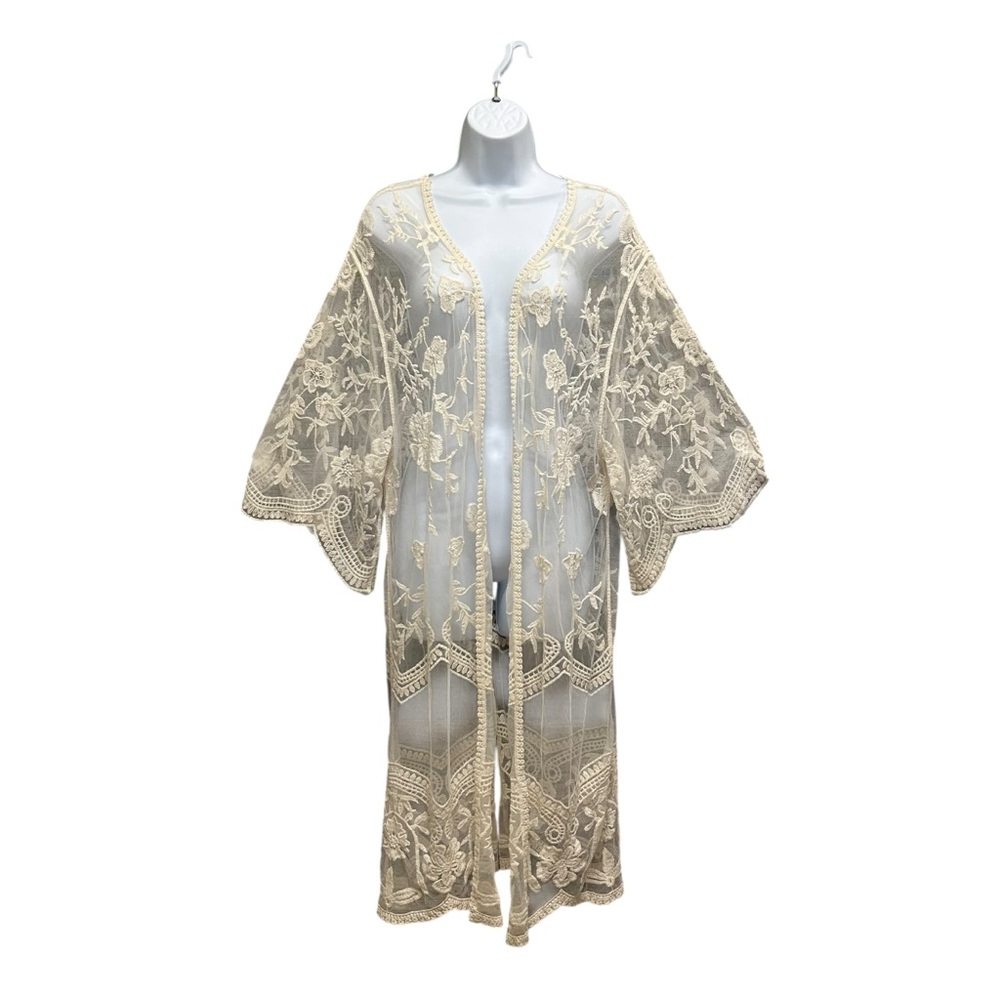 Beautiful Kismet Off White Mesh Embroidered Lace Kimono Duster Size OS